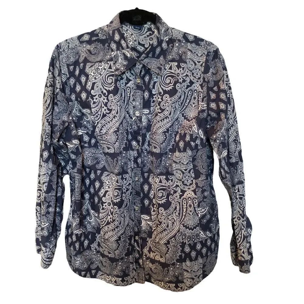 Chaps button up blouse long sleeve lapel collar blue and white paisley print 1X